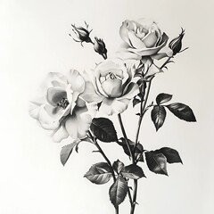 roses illustration, white background, black and white pencil drawing