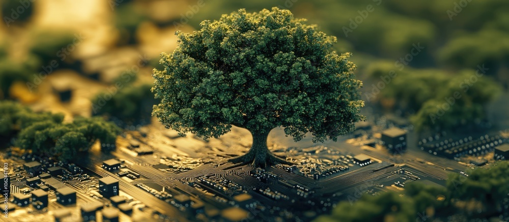 Poster a tree grows on a circuit board, symbolizing the connection between nature and technology.