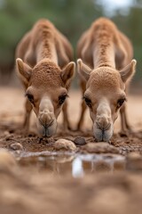 Fototapeta premium Two baby camels drinking water from a puddle of water