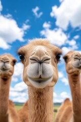 Obraz premium A group of camels standing next to each other in a field
