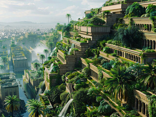 Hanging Gardens of Babylon (Iraq) – Lush terraced gardens filled with exotic greenery and flowing water, set against the ancient cityscape of Babylon, cinematic style, Compositing Core, 8k, detailed,