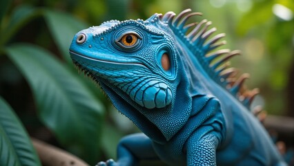 Obraz premium A vibrant blue iguana perched on a branch amidst lush greenery in a tropical setting