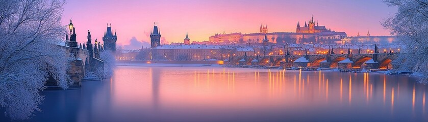 Fototapeta premium Explore the serene beauty of prague's winter landscape at sunrise over the vltava river
