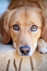 A brown dog laying on top of a cement wall