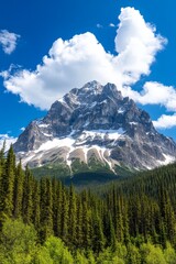 Fototapeta premium A mountain with a snow covered peak in the middle of a forest