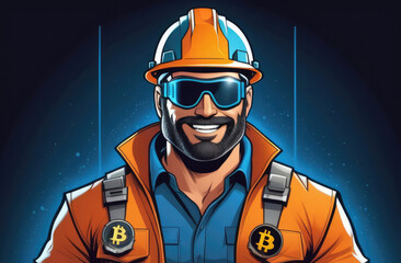 Fototapeta premium smiling cartoon bearded male miner in protective glasses, helmet with bitcoin logo on clothes. cryptocurrency mining, blockchain concept. futuristic technology, innovation, crypto currency, investment