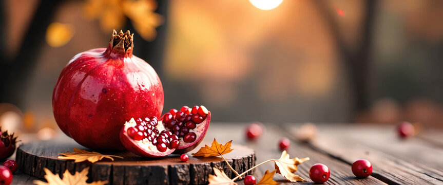 Pomegranates on a stump. autemn background with space for text

