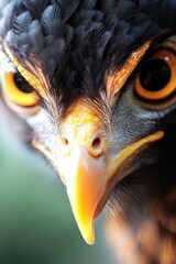  A close up of an eagle's face with yellow eyes