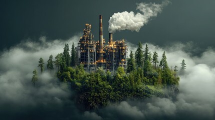 A large industrial complex, surrounded by trees and clouds, emits smoke into the air.