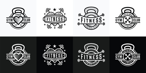 Retro fitness badge logo design illustration collection. Sports fitness center emblem logo template.