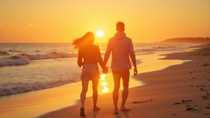 Two friends walking hand in hand along a serene beach at sunset, enjoying a moment of connection