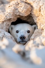 Obraz premium A polar bear peeking out of a hole in the sand