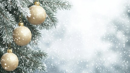 Beautiful Christmas tree background with Christmas tree branches and gold Christmas tree toys