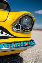 A close up of the front end of a yellow car