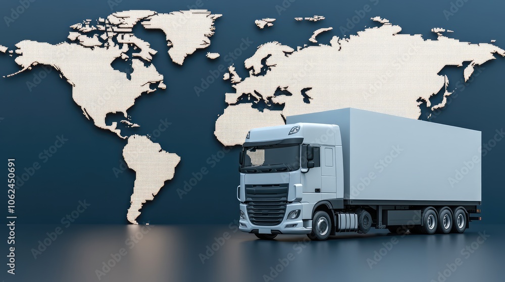 Poster a dynamic representation of global logistics featuring connections across a world map with transport