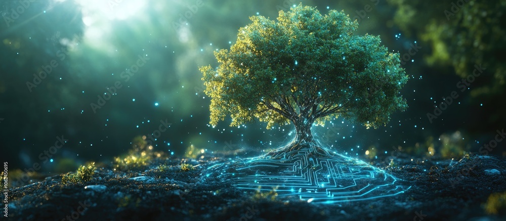 Poster a single tree with glowing roots in a forest setting.