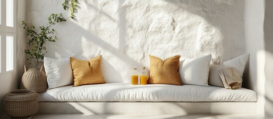 Cozy White Couch with Sunbeams and Yellow Pillows