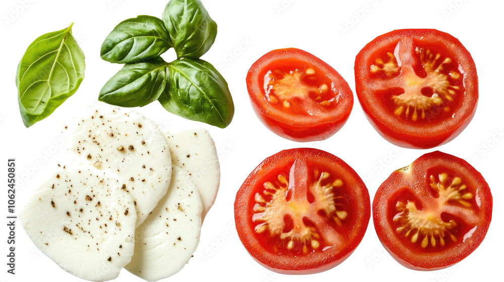 Poster fresh mozzarella ripe tomatoes and basil on a transparent background generative ai