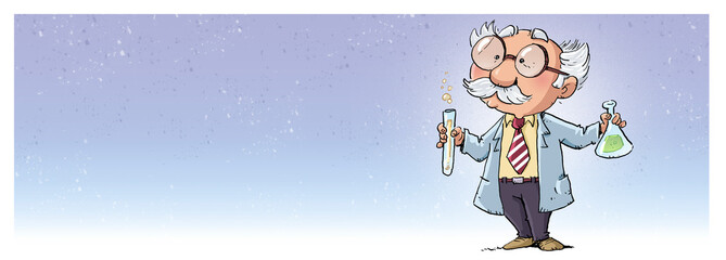 Funny mad scientist with test tubes