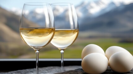 Obraz premium Two glasses of white wine and three eggs on a table