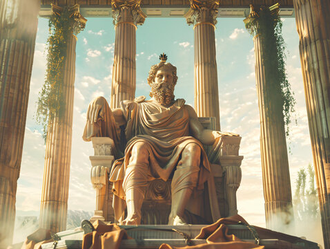 Statue of Zeus at Olympia (Greece) &ndash; A towering statue of Zeus sitting on his throne, surrounded by intricate classical architecture and natural light streaming through, cinematic style, Compositing C