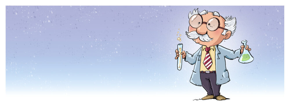 Funny mad scientist with test tubes