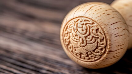 A close up of a wooden knob on a table