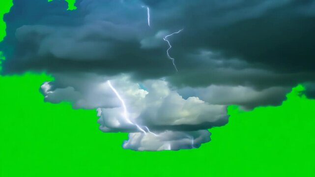 A dark storm cloud with lightning bolts on a green screen, providing a dynamic and intense weather effect for compositing in videos.
