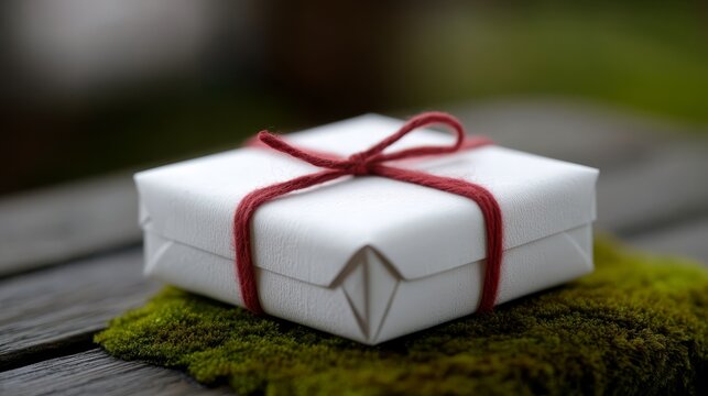 A white gift box with a red string tied around it