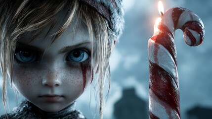 A little girl holding a candy cane in front of her face
