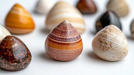 A group of different colored shells on a white surface