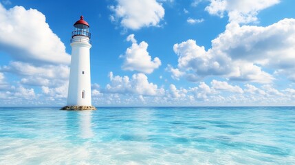 A white and red lighthouse in the middle of the ocean