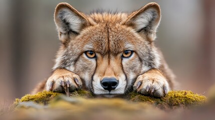 A close up of a coyote laying on a moss covered rock