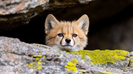 Obraz premium A small fox peeking out of a hole in a rock