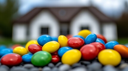 A pile of colorful candies in front of a house