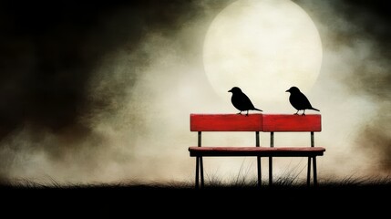 Two birds sitting on a red bench in front of a full moon
