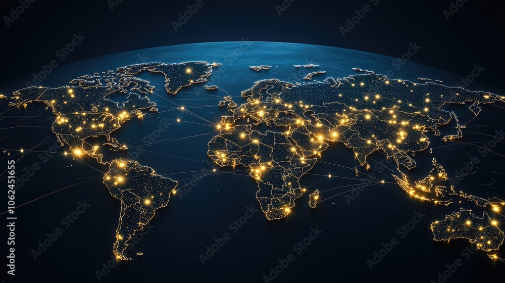 Poster a dynamic representation of global logistics featuring connections across a world map with transport