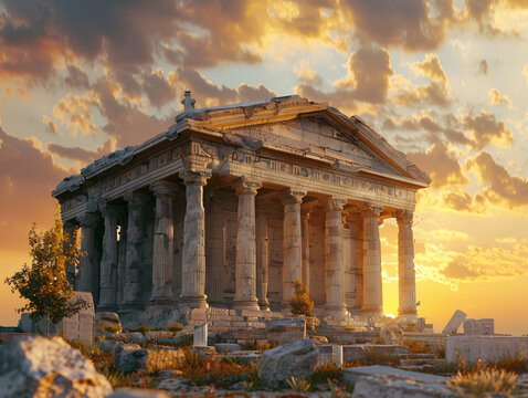 
Mausoleum at Halicarnassus (Turkey) &ndash; The monumental tomb of Mausolus, with detailed sculptures and architectural details against a sunset backdrop, cinematic style, Compositing Core, 8k, detailed,
