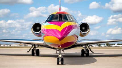 A colorful airplane sitting on top of an airport tarmac