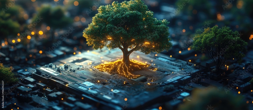 Poster a glowing tree grows from a circuit board, symbolizing the interconnectedness of nature and technolo