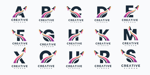 Collection of vector illustrations of rocket letter a-z sign logos