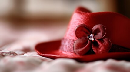A red hat with a flower on top of it