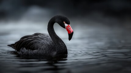 Fototapeta premium A black swan with a red beak swimming in the water