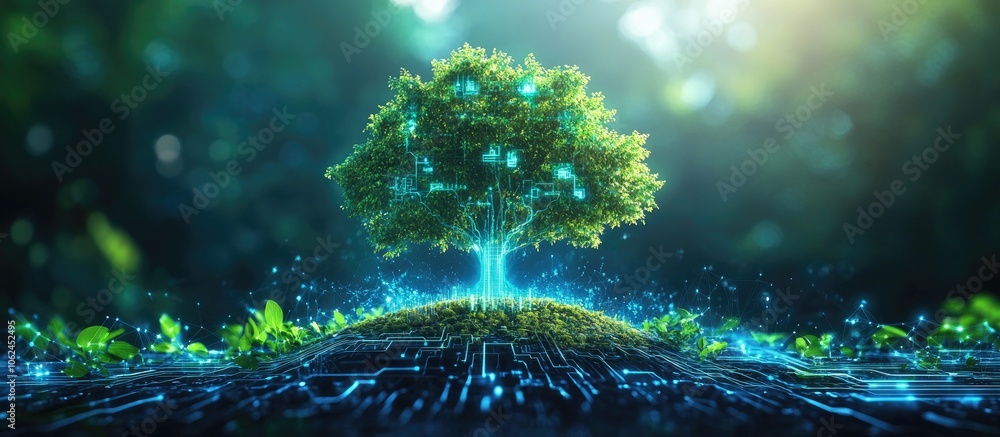 Poster a glowing tree with green leaves grows from a circuit board, symbolizing the connection between natu