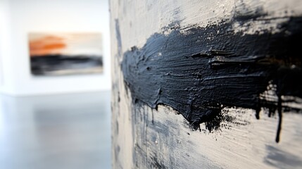 A close up of a black and white painting on a wall