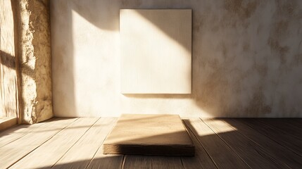 An empty room with a wooden floor and a painting on the wall