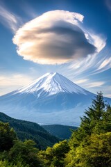 A large cloud is in the sky over a mountain