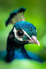 Naklejka premium A close up of a peacock's head with a green background