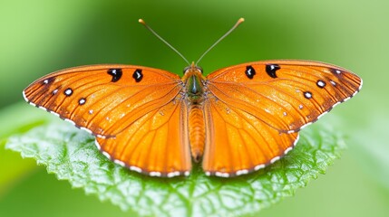 Obraz premium A butterfly sitting on top of a green leaf