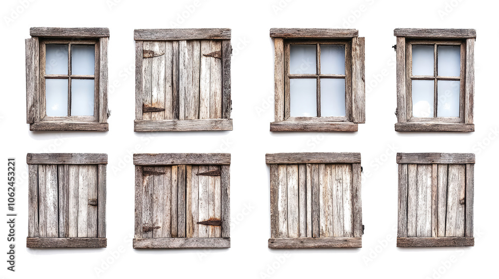 Poster rustic wooden windows on transparent background generative ai